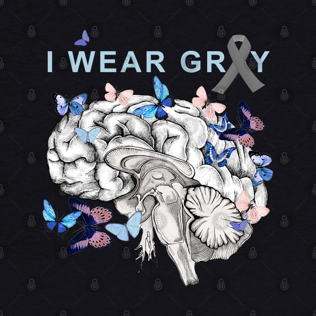 I Wear Grey, Brain Cancer Awareness Brain Tumor, with blue butterflies by Collagedream